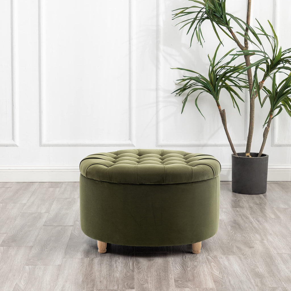 Classic 28-Inch Wide Button Tufted Round Storage Ottoman Footstool with Lift Off Lid, Sage Green Velvet