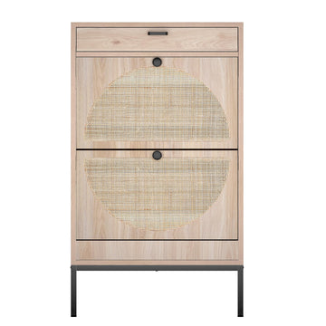 Cabinet With 2 Rattan Curved Pattern Flip Drawers, Freestanding Shoe Storage Organizer Rack With Adjustable Shelf