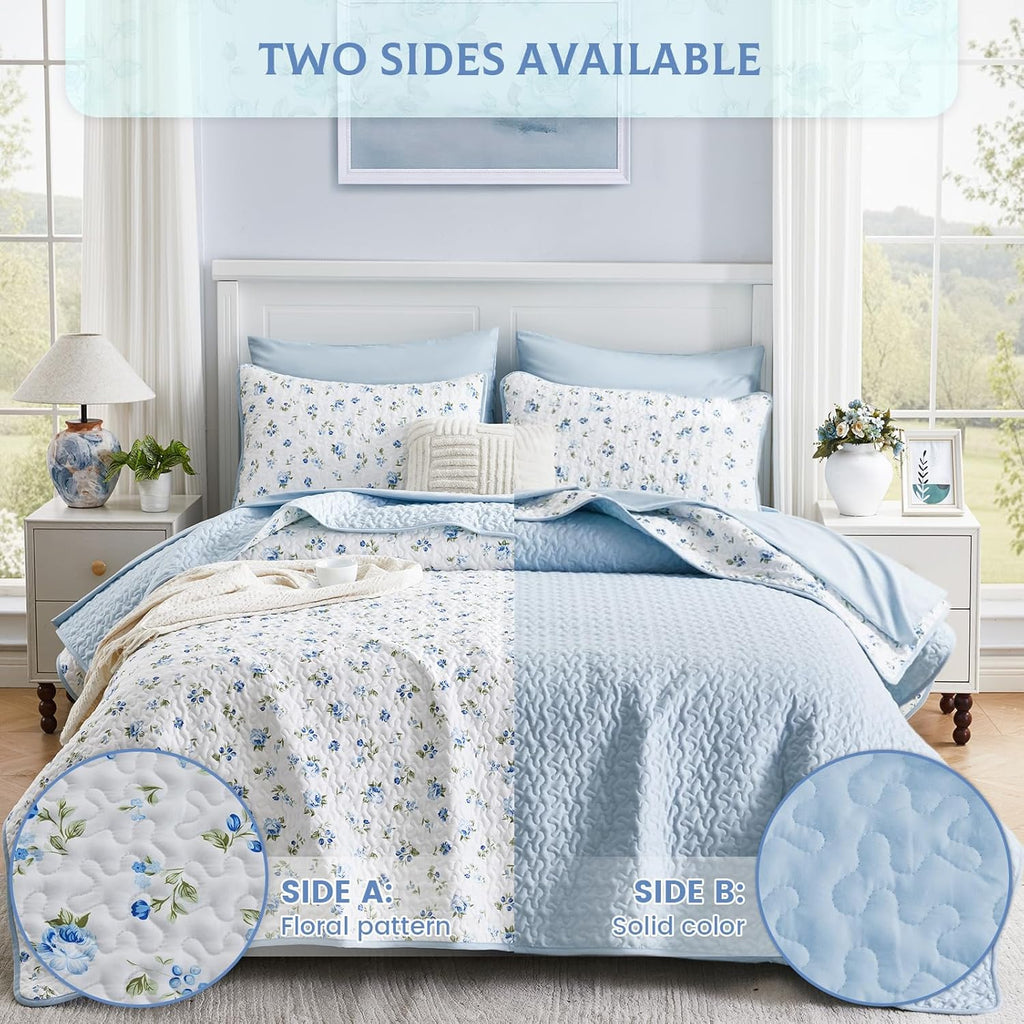 Oversized King Quilt Set 128x120 Blue Floral Extra Wide Super King Quilted Bedspread Coverlet 3-Piece Garden Style