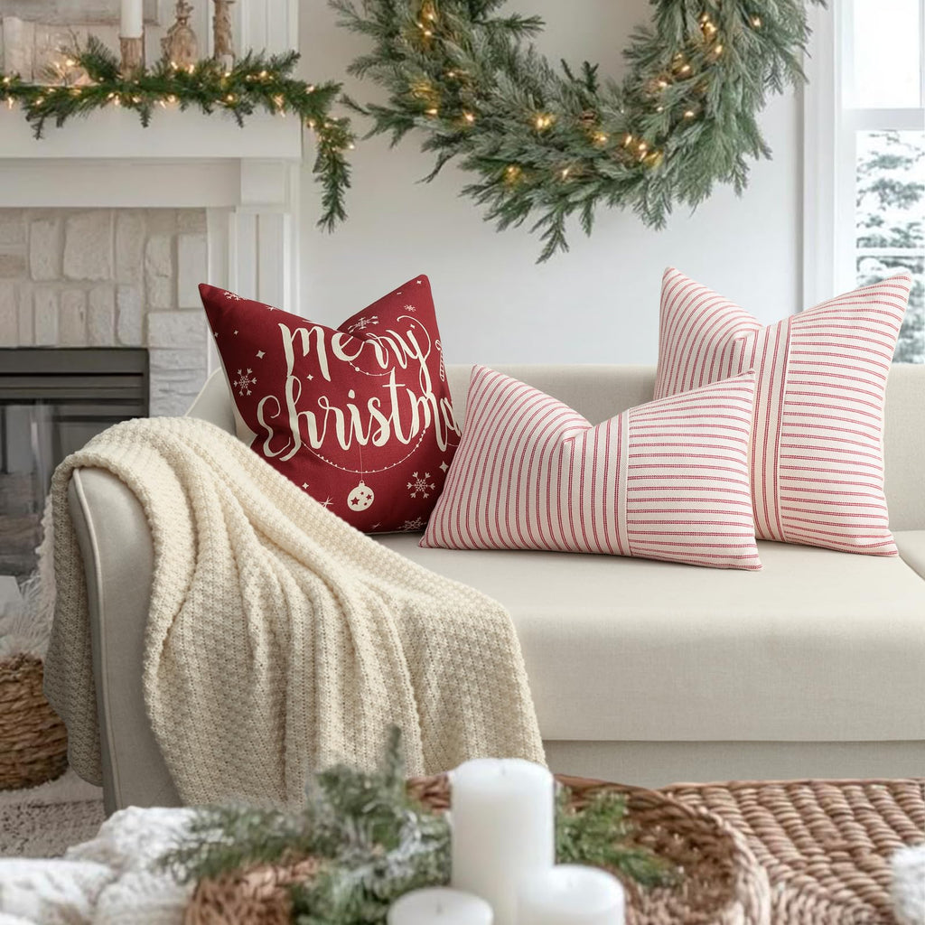 Christmas Pillow Covers 20x20, Boho Throw Pillow Covers Set of 2, Red and Cream Striped Linen Decorative Pillows