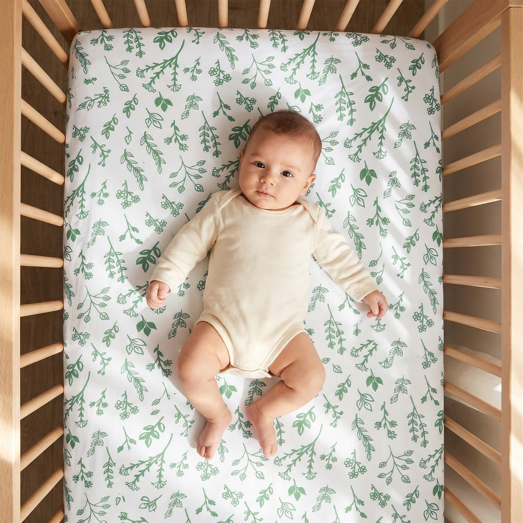 3 Pieces Sage Green Leaf Crib Bedding Set for Girls Boys, Ruffle