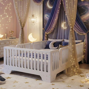 Floor Bed with High Fence Rails, Wooden Montessori Bed Frame with Detachable Door & Slats, Low Profile Beds