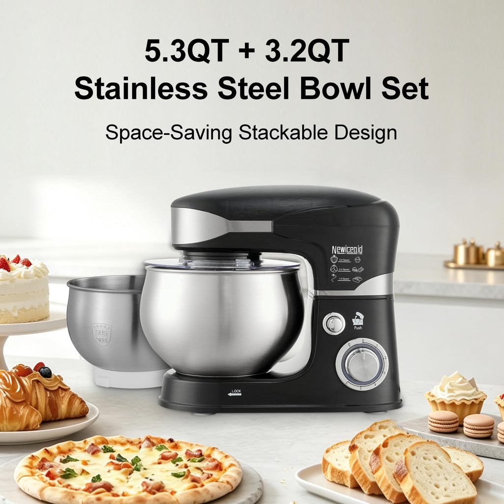 6-Speed 5.3QT+3.2QT Two-Bowl Stand Mixer, CHARCOAL BLACK