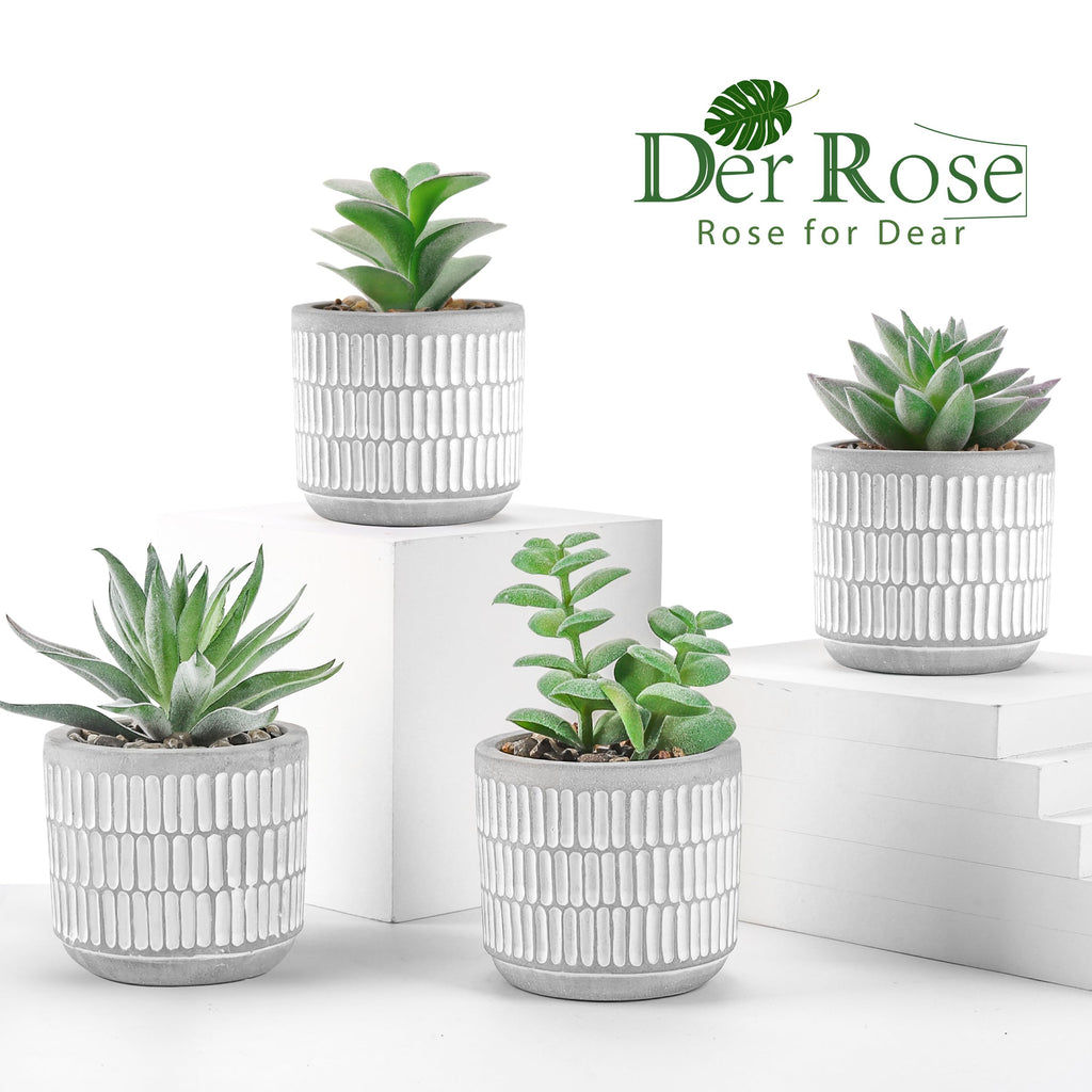 4 Pack Fake Plants in Striped Ceramic Pots Decor