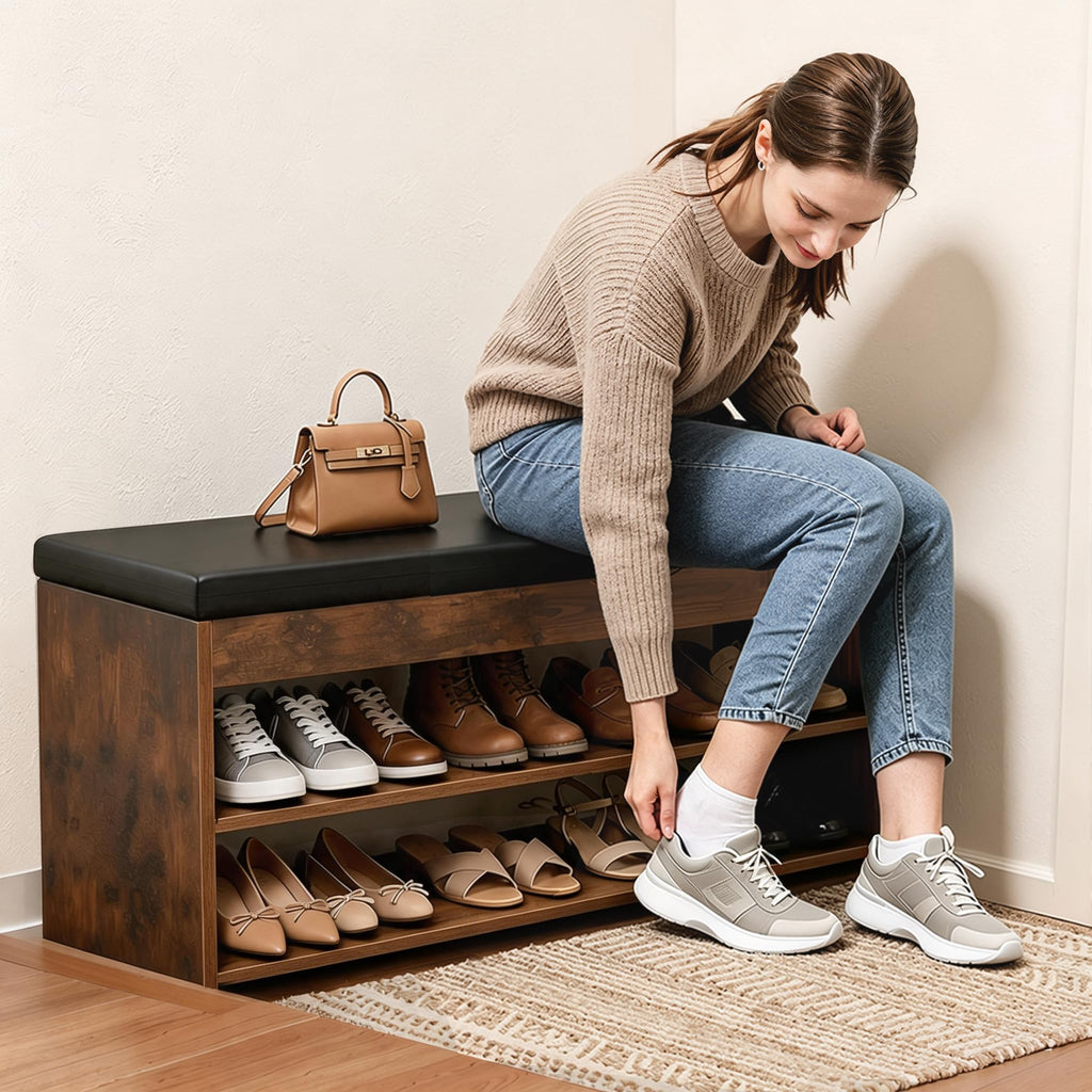 Shoe Rack Shoe Bench with Cushion Solid Wood Shoe Benches with 2 Shelves Shoe Organizer Bedroom Living Room Vintage