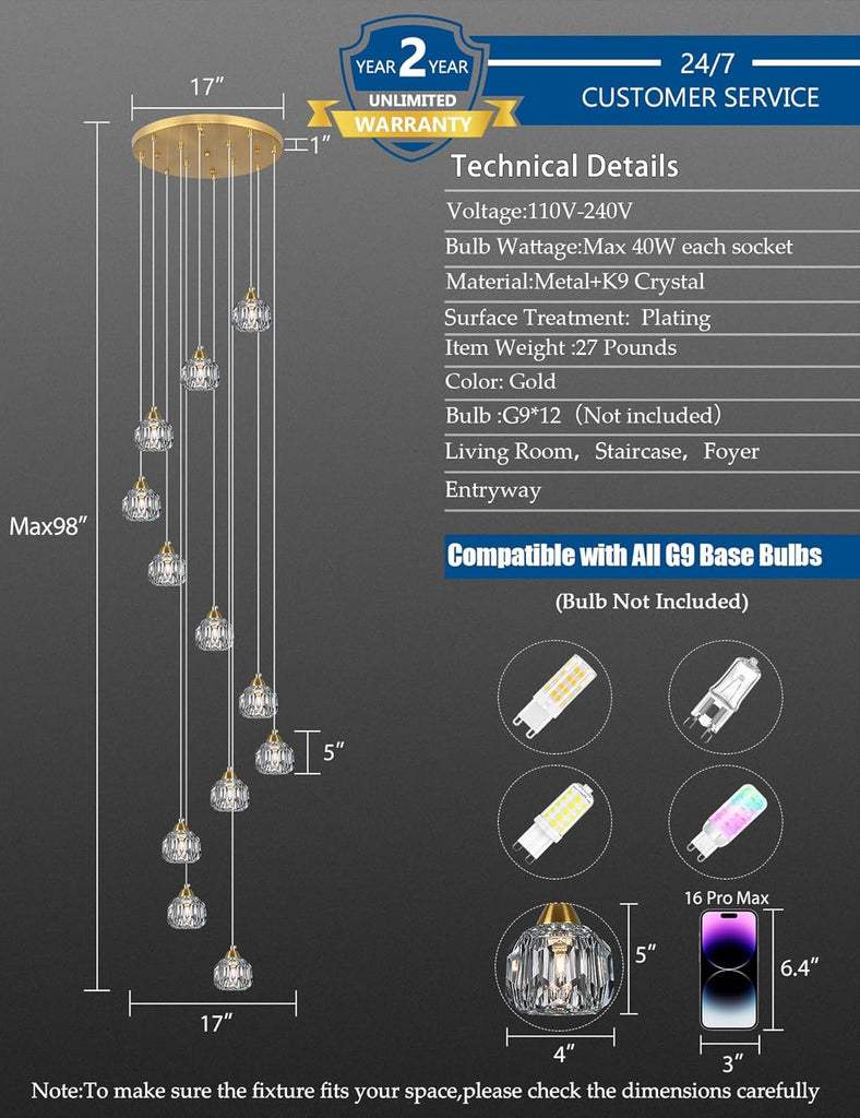 Crystal Chandeliers for Staircases, 12-Light Gold Modern Chandeliers for High Ceilings_Crystal Pendant Light Fixture for Living Room Kitchen Island Foyer Hallway Bar A116-B0F7QMJRGM