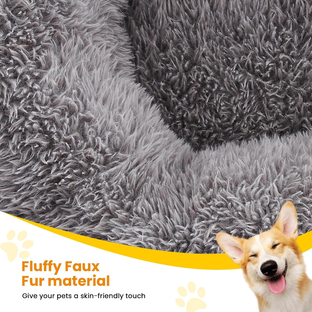 Calming Dog Beds for Large Dogs, Faux Fur Donut Cuddler Dog Bed, Round Fluffy Pillow, Washable Pet Bed for Dogs Up to