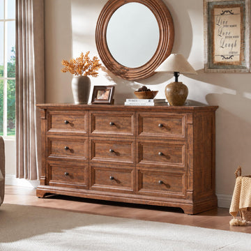 Rustic 63" Large 9 Drawer Wood Chest of Drawers