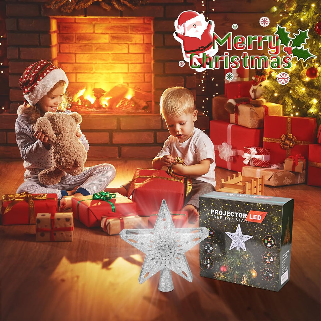 Tree Topper Lighted with 6 Projection Modes,Christmas Star Tree Topper Built-in LED Rotating Projector Lights 3D