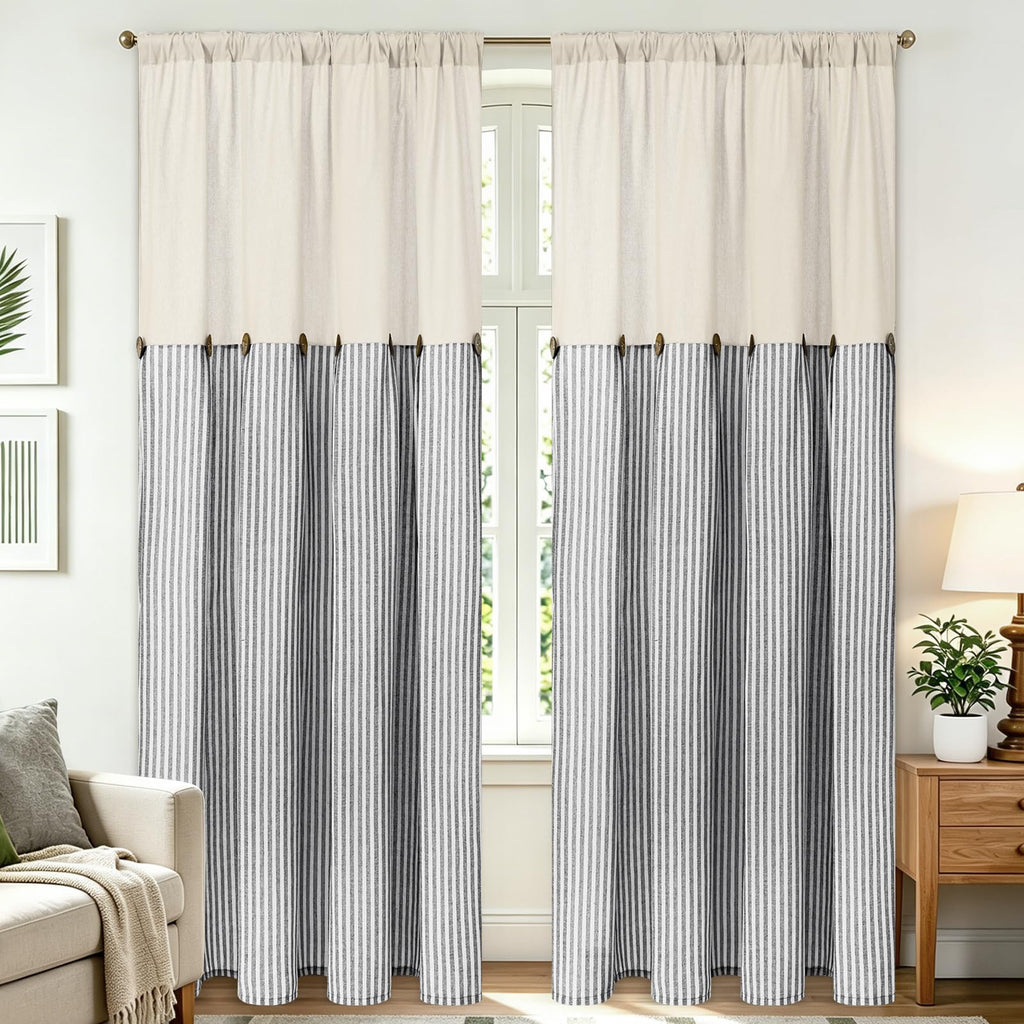 Farmhouse Curtains, Boho Rustic Bedroom Curtains with Buttons, Cotton Linen Grey Stripe Country Window Curtain