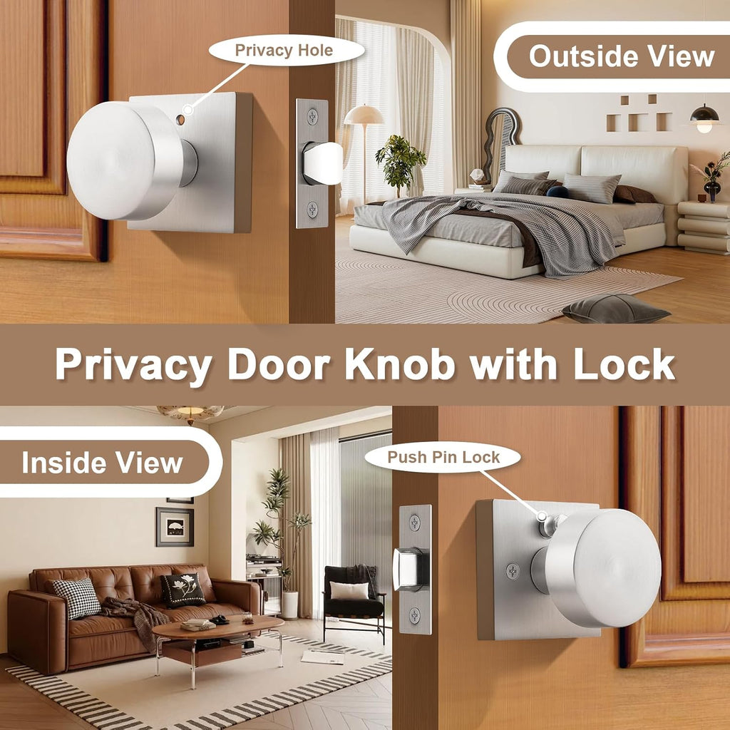 Privacy Door Knobs on Square Rose, Interior Door Locks , Brushed Nickel Turn Lock Door Handles, Keyless Interior Door