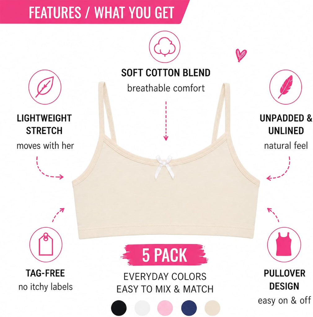 Girls Training Bra - 5 Pack Crop Cotton Bras - Cami Training Bras for Girls (Sizes: )