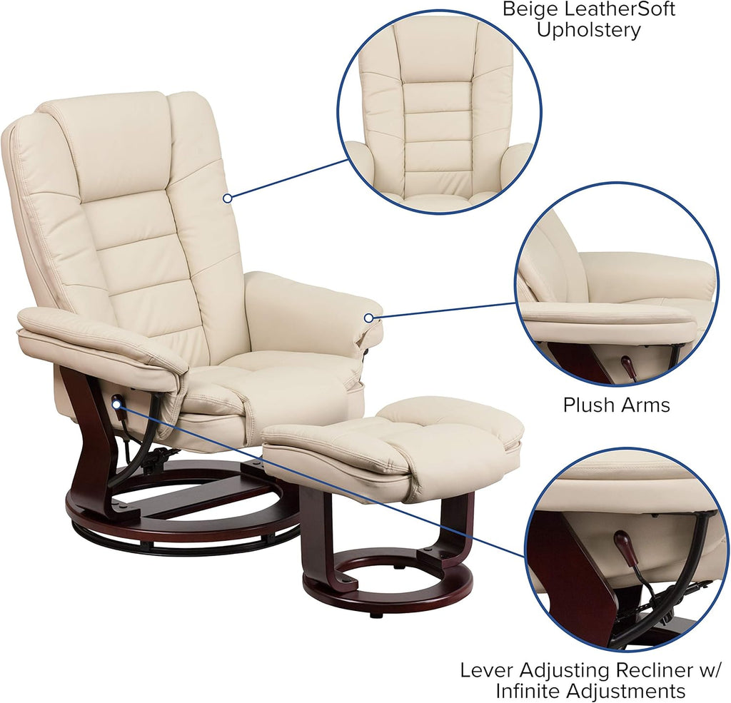 Modern Reclining Swivel Lounge Chair and Ottoman — Beige