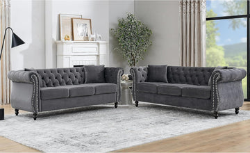 80" 2 Piece 3-Seater Chesterfield Sofa, Combination Sofa with Button Tufted Trimming Curved Backrest Rolled Arms, Grey