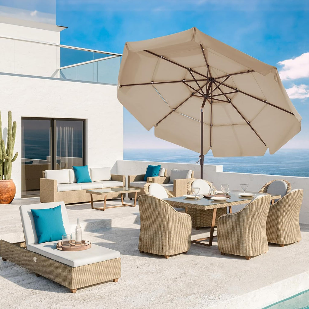 3 Tiers 9 FT Patio Umbrellas Outdoor Table Umbrella with Push Button Market Umbrella 8 Sturdy Ribs UV Protection - Beige