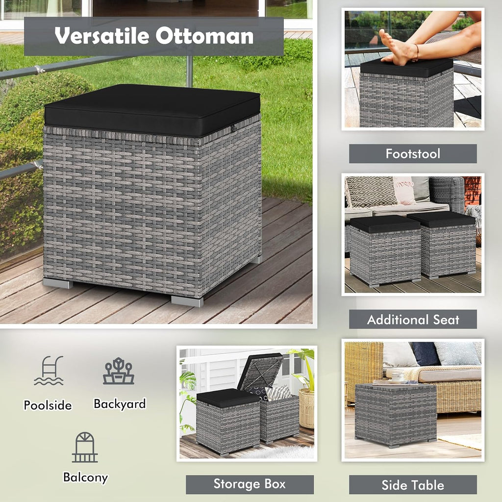 Patio Ottoman Set of 2, Outdoor Wicker Stools with Storage, Rattan Footrest Ottoman with Solid Metal Frame and