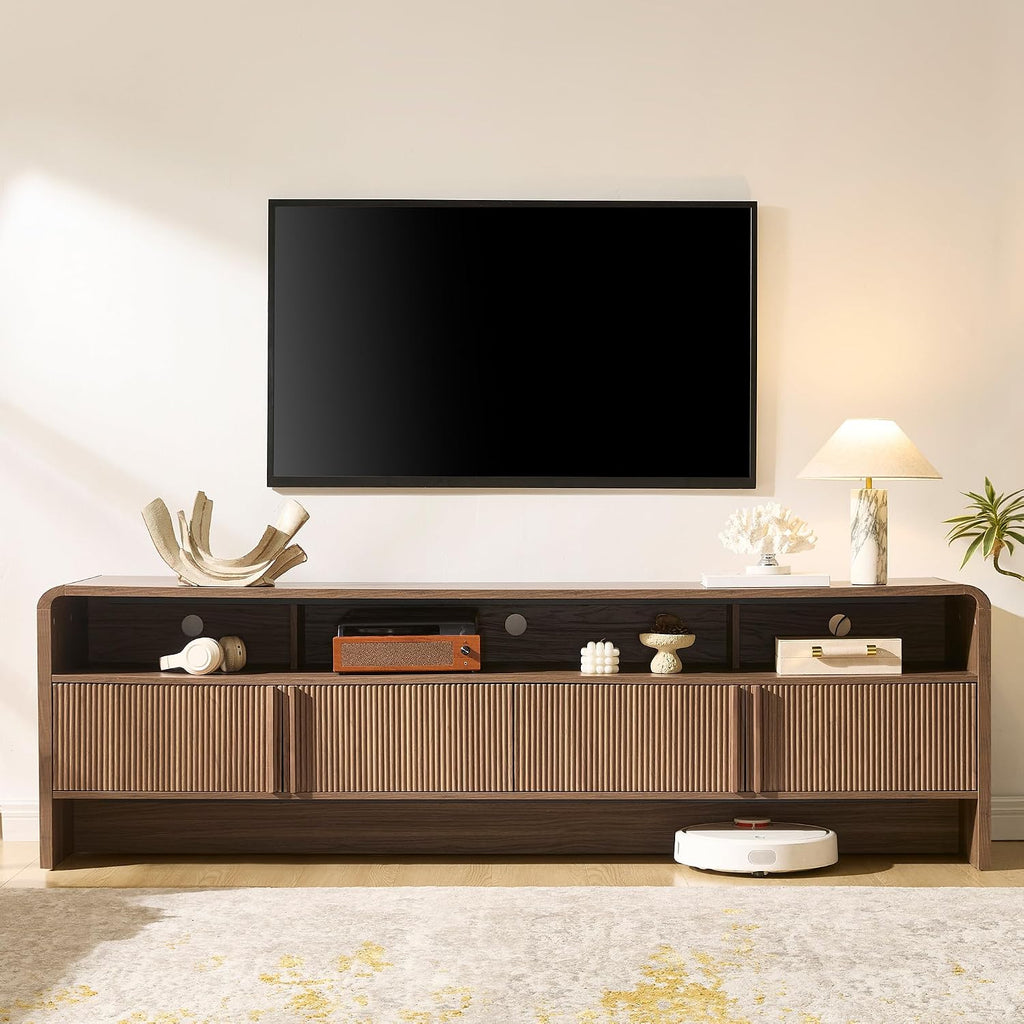 70" Fluted Wood TV Stand for TVs up to 80", Media Console Entertainment Center with Storage Cabinets for Living Room