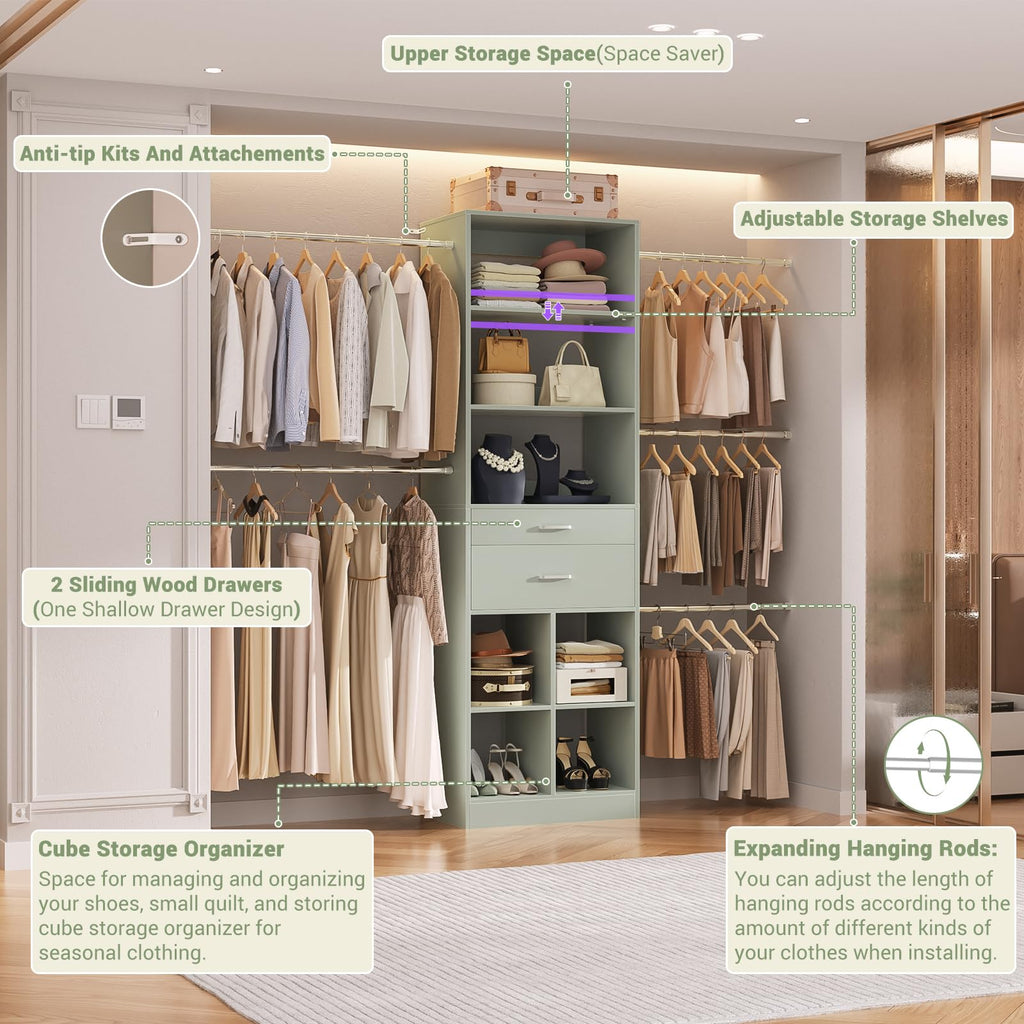 Closet System, 4-8 FT Closet Organizer Tower with 2 Wooden Drawers and Shelves, Can Fit 60 to 96 inch Walk-in Closet