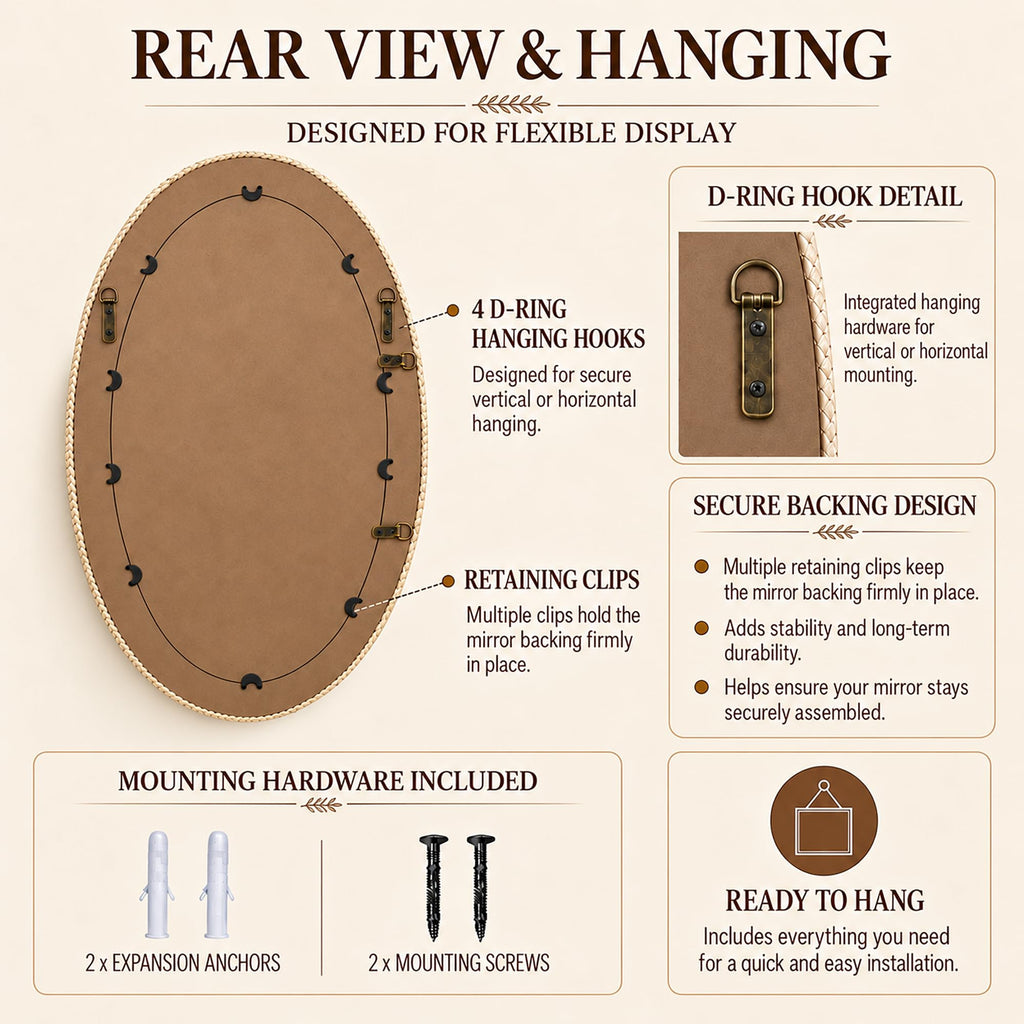 26"x39" Oval Wall Mirror, Handwoven Corn Husk, Whitewashed