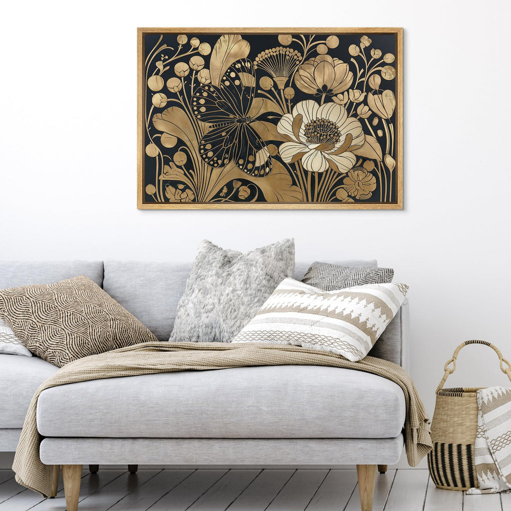 Framed Canvas Print Wall Art Black Gold Art Nouveau Butterfly Floral Illustrations Modern Art Decorative Zen - 16""