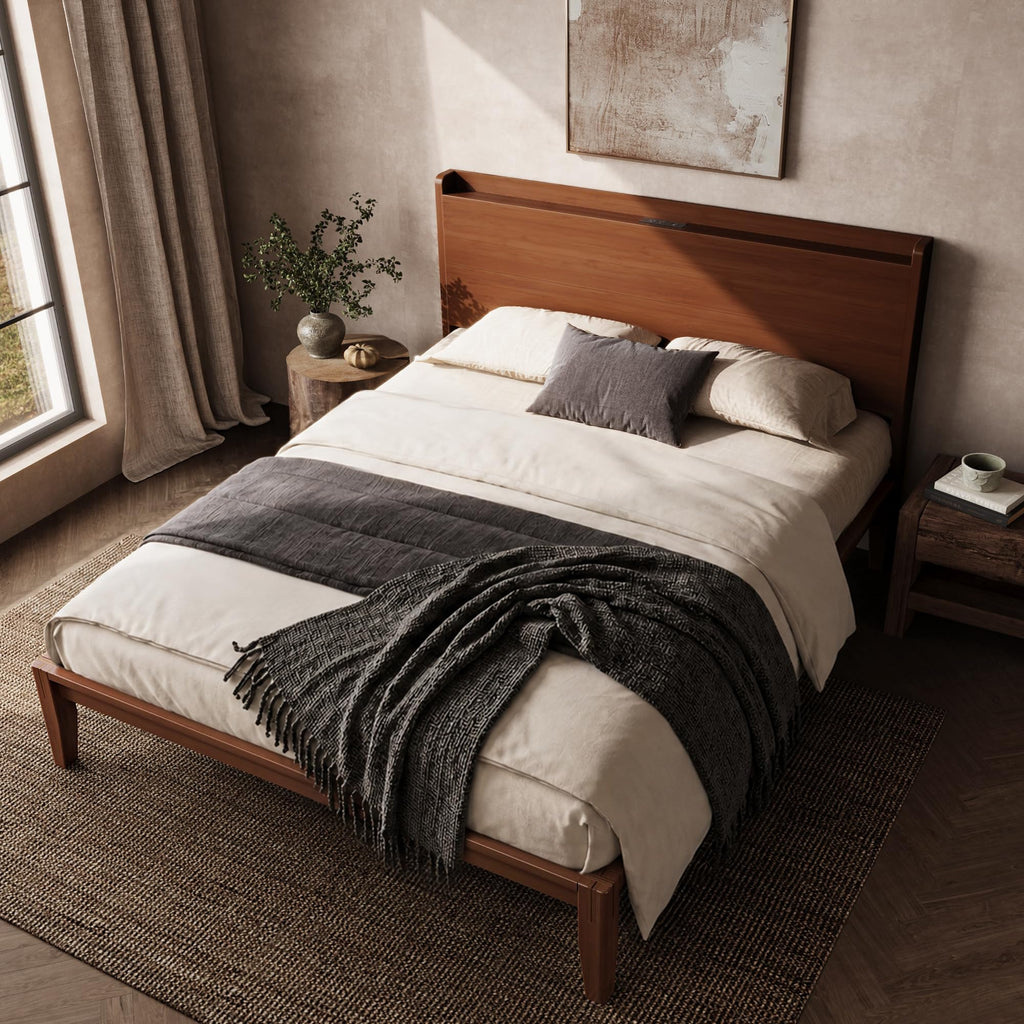 Bamboo Wood Queen Bed Frame with Charging Station & Headboard