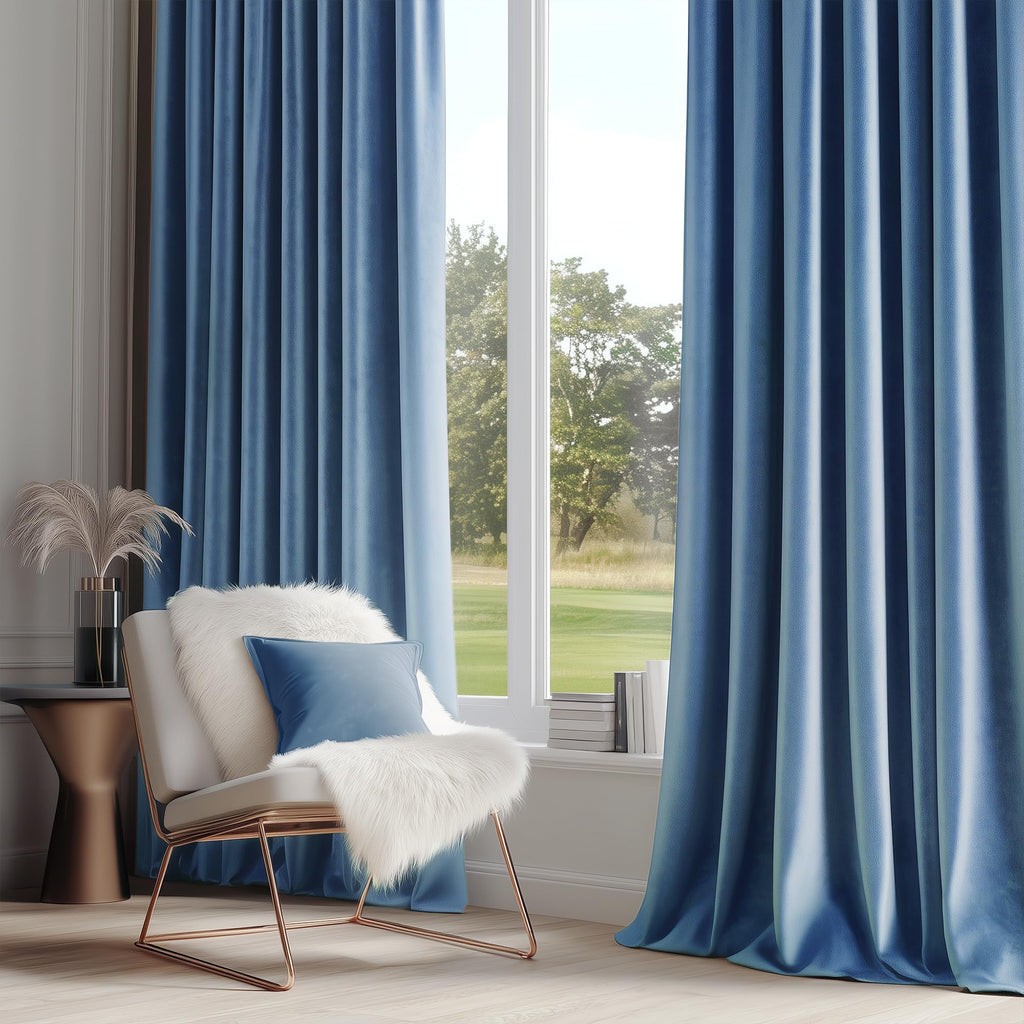 Velvet Blackout Curtains Blue Thermal Insulated Curtains Living Room Darkening Curtains 108 Inches Long Soft Luxury