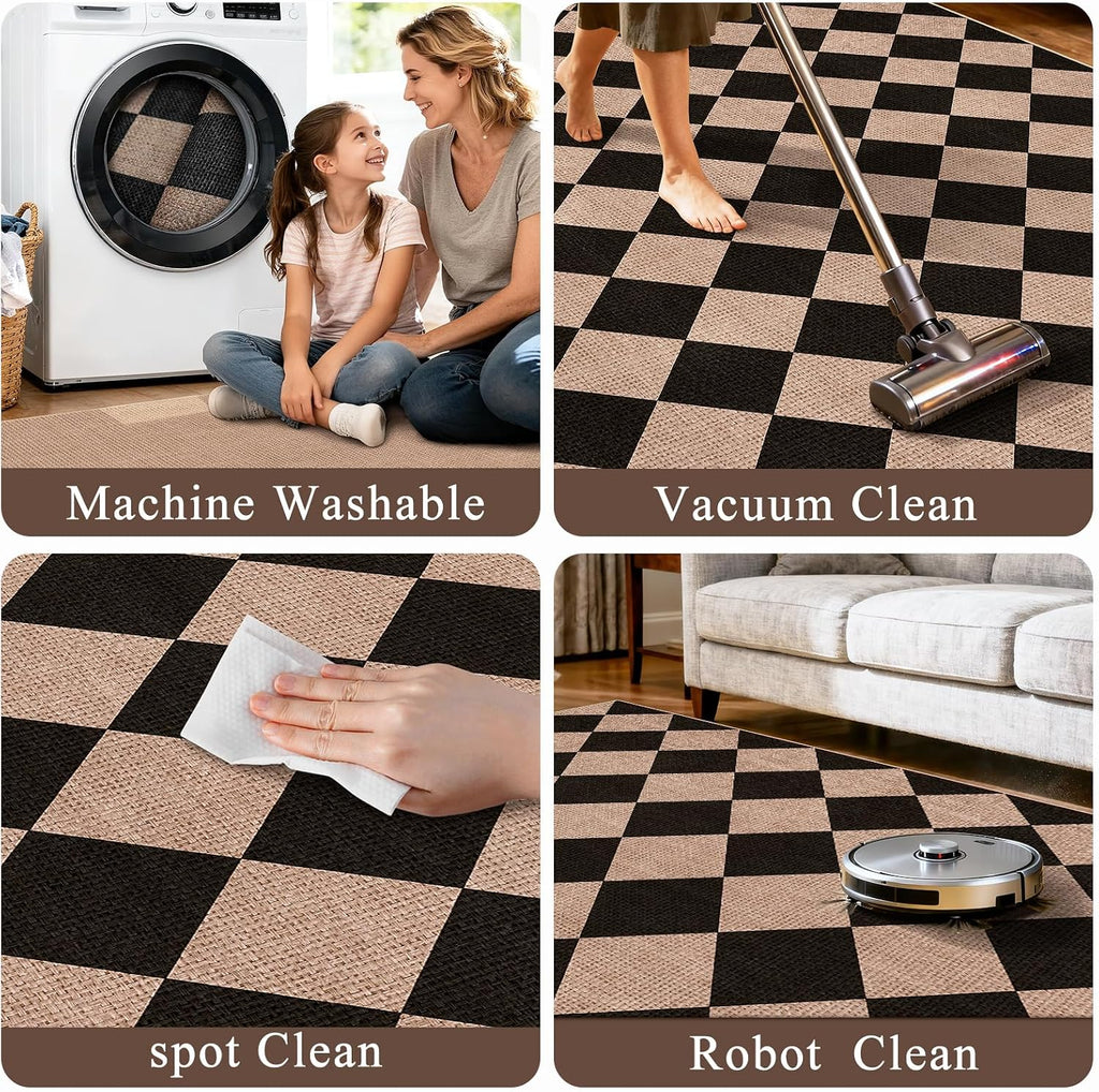 Easy Jute Runner Rug: Non Slip Checkered Machine Washable Entryway Mats