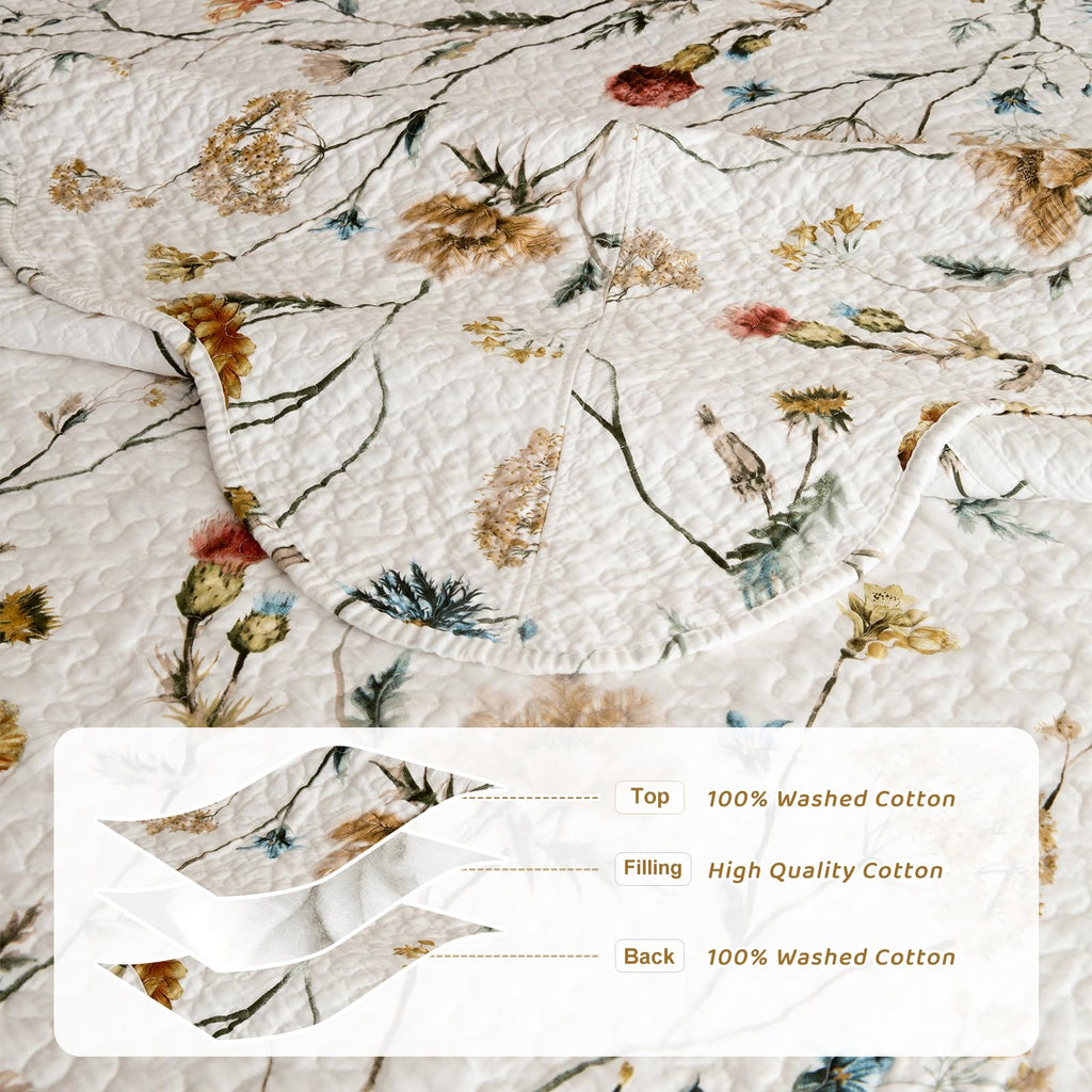 100% Cotton Floral Bedspread(120"x120"), Watercolor Wildflower Botanical Quilt Set 3Pcs Soft Neutral