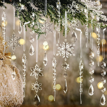 Crystal Christmas Tree Ornaments, Clear Acrylic Snowflake & Icicle - Set of 18