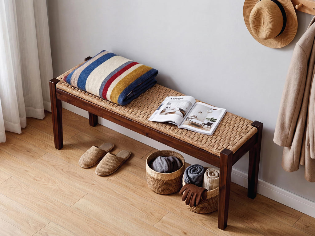 Vintage Entryway Bench with Woven Rope Seat, 46" Acacia Wood, Dark Brown
