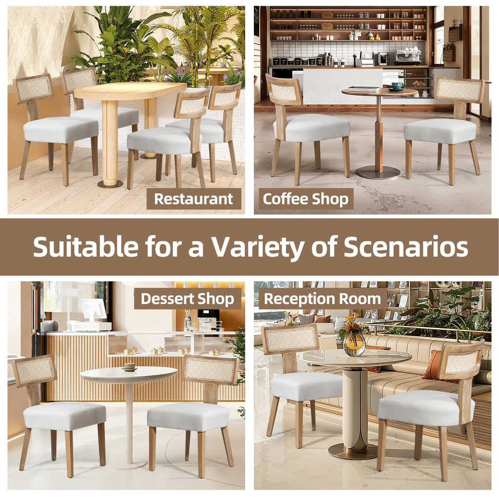 Mid-Century Modern Rattan Dining Chairs Set of 6 - Farmhouse Linen Upholstered Accent Chairs with Curved Backrest