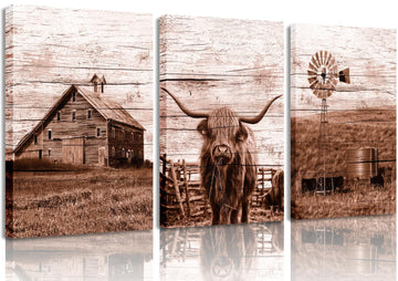 3pcs Farmhouse Highland Cow Wall Art Vintage Highland Cow Wall Art Barn Farmhouse Windmill Canvas Pictures Bedroom