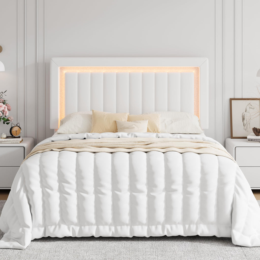 Full Size Velvet Bed Frame with LED Light, White