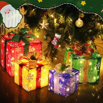 Set of 4 Christmas Lighted Gift Boxes, 70 Led Light Up Colorful Iron Frame Present Box with Pine Cones Bows for Xmas