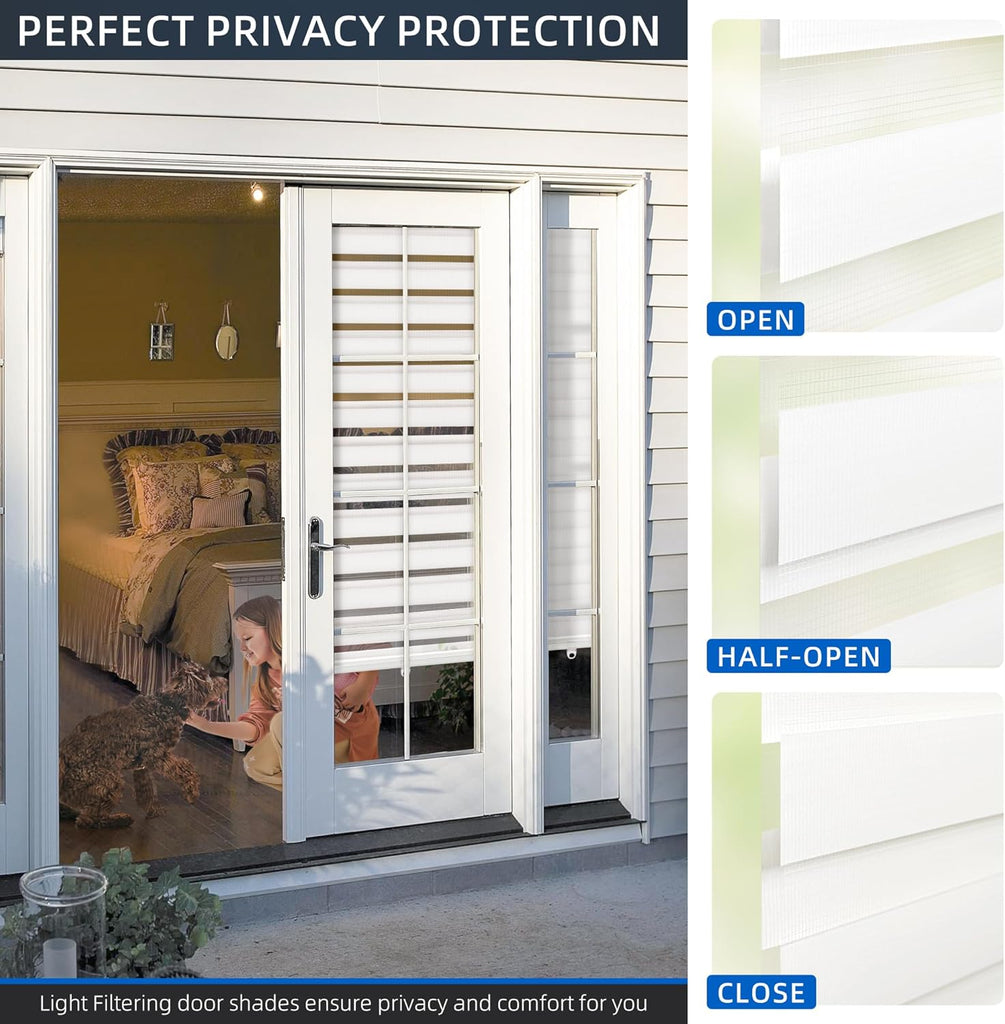 Cordless French Door Blinds, No Drill Roll Up Zebra Blinds for Doors, Light Control Day and Night Sheer Shades for Front Door Patio Sidelight Glass Door, 23.8'' W x 78'' L, White