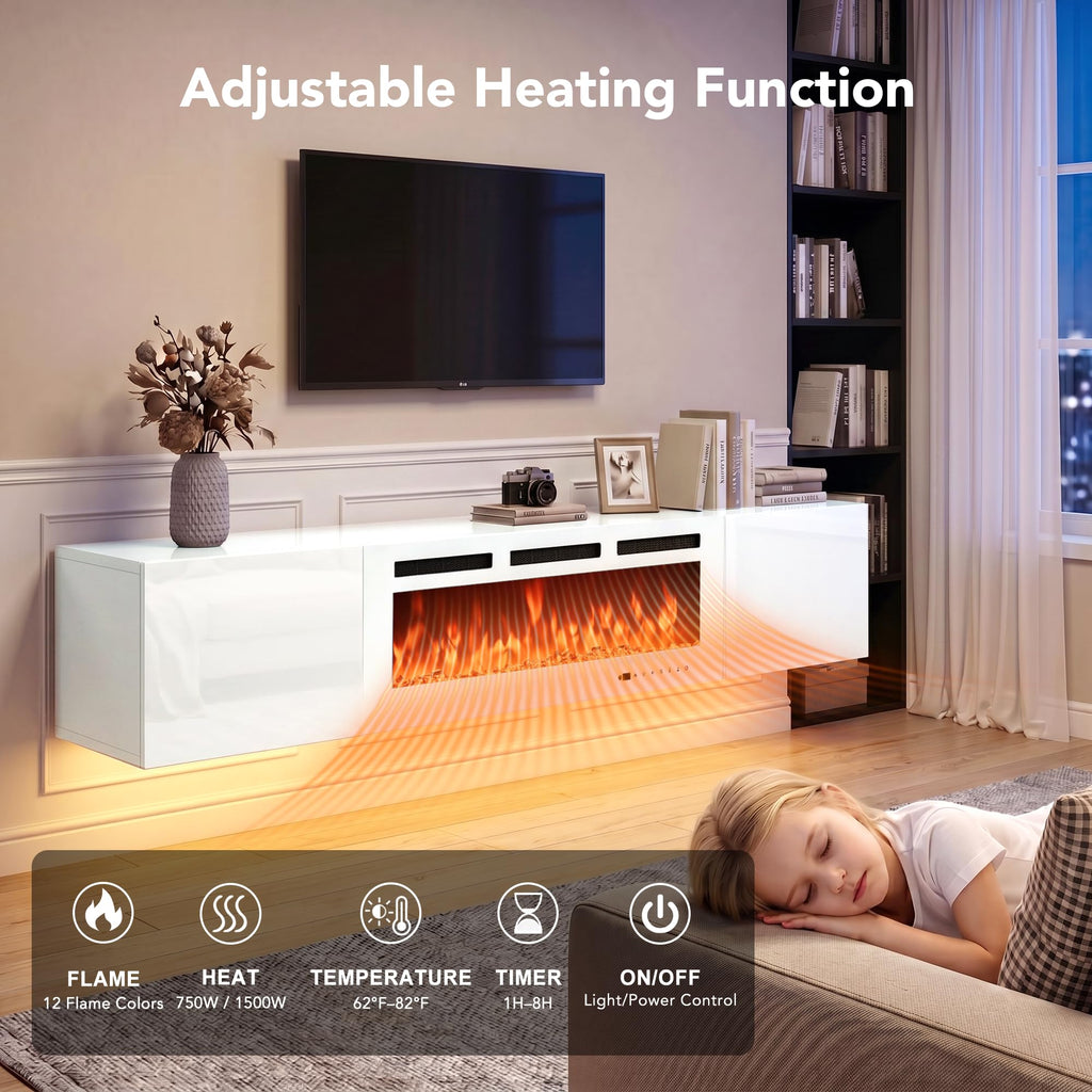 80" Floating TV Stand, Wall-Mounted Entertainment Center with 40" Electric Fireplace, Fits TVs Up to 90 Inches, Media