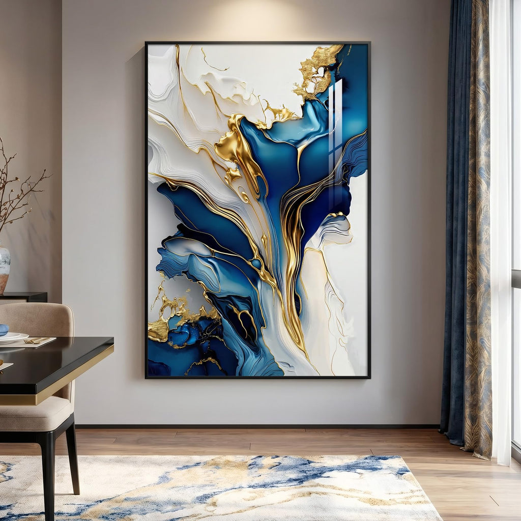Extra Large Framed Blue White and Gold Abstract Wall Art, Vertical 40x60 In