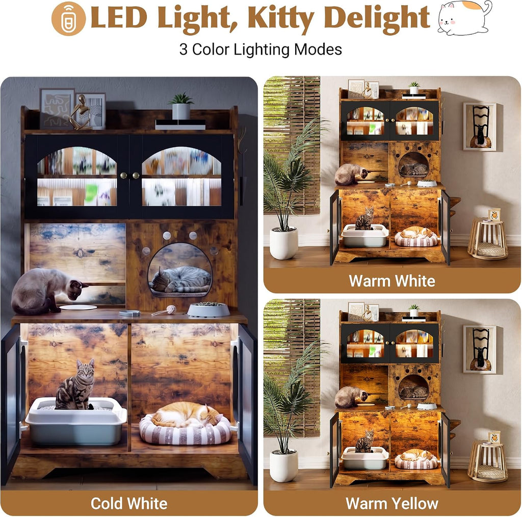 Cat Litter Box Enclosure with Storage Cabinet, Hidden Cat Washroom Furniture with Fluted Glass Doors & Cat Tree