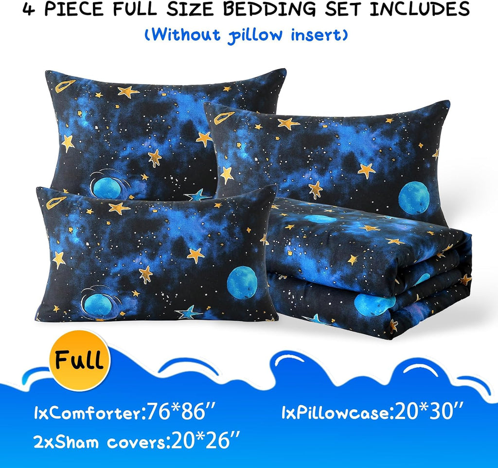 Glow in The Dark Kids Comforter Set, 4 Pieces Blue Space Bedding Set Full for Boys Girls Teen, 1 Comforter, 1