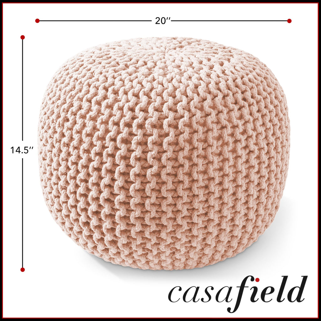 Round Pouf Ottoman, Light Pink - 20" Diameter x 14.5" High Cotton Knit Foot Stool - Boho Floor Pouffe