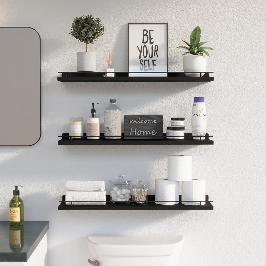 Floating Shelves 24 inch with Gold Metal Guardrail, Shelves for Wall Decor Set of 3, Wall Shelves , Plants, Picture