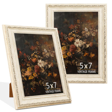 5x7 Vintage Picture Frame, Cream Ivory PS Frame with Gold Floral Beaded Details & Wood Grain Texture, Elegant