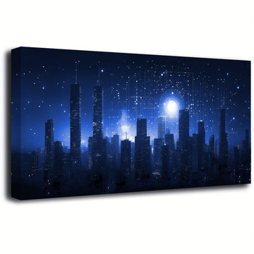 Night Stars City Wall Bedroom Wall Decor Living Room, Night Tall Buildings Canvas Wall Office Farmhouse Paintings