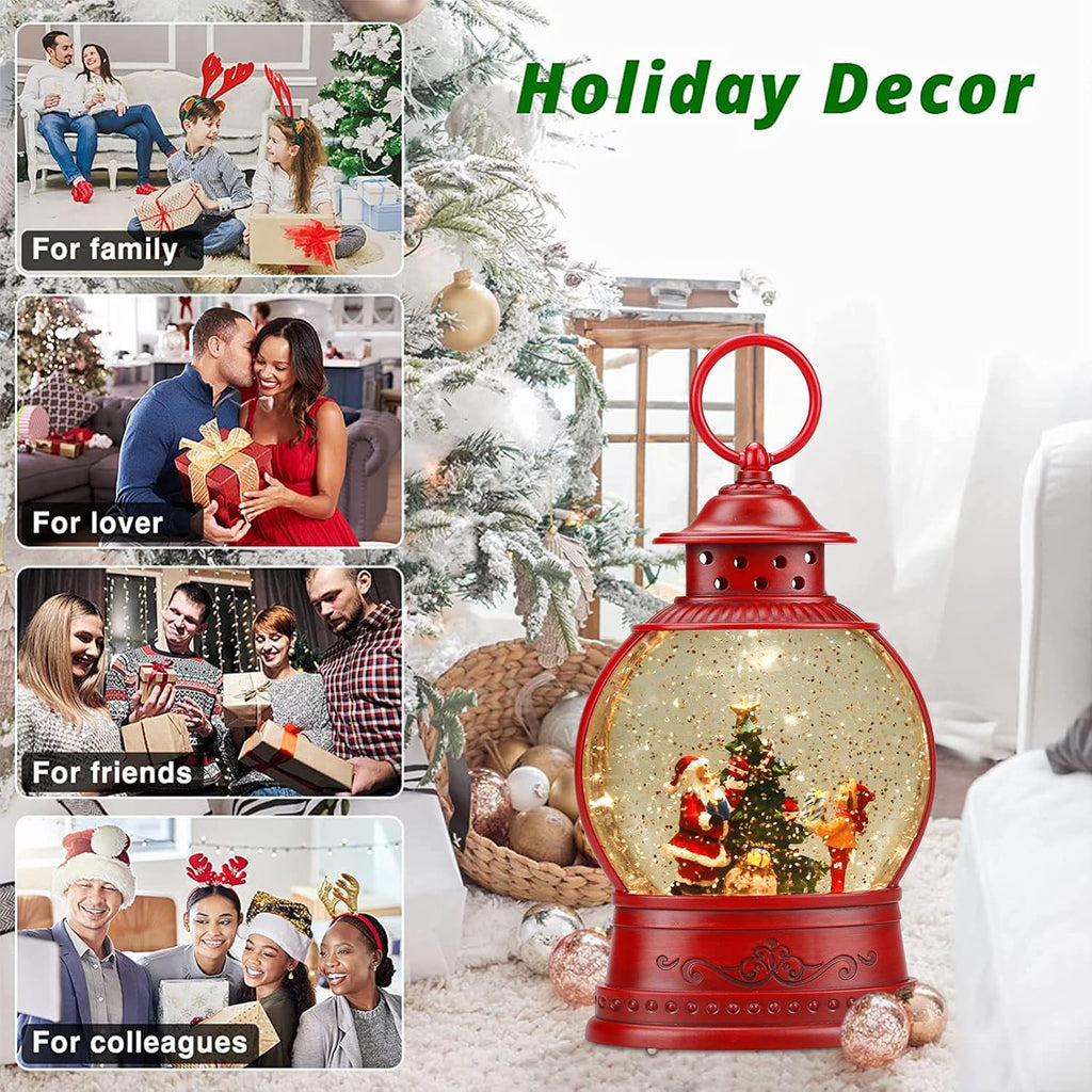 Christmas Snow Globe, Santa Lighted Snow Globes Lantern, 6H Timer, Battery & USB Operated Christmas Tree Snow Globe