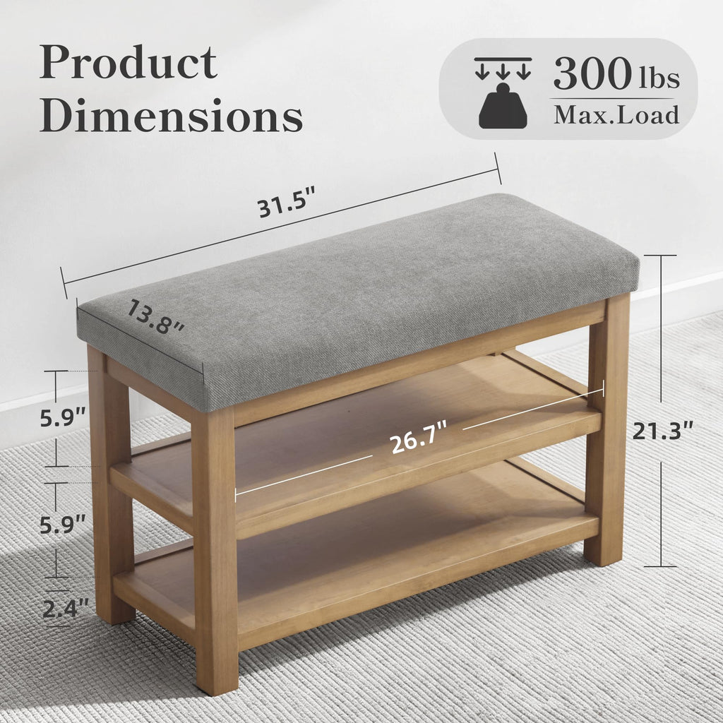 Shoe Rack Bench with Cushion, 2 Tier Solid Wood Storage Bench, Mid-Century Modern Shoe Bench, Closet, Front Door