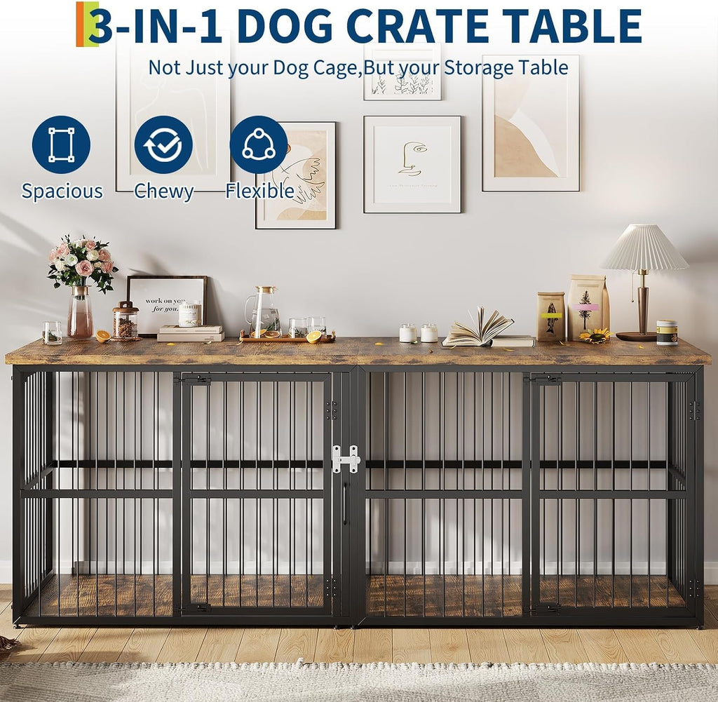 XXL Double Dog Crate Furniture - Heavy Duty Wooden Kennel with Divider - 2 Lockable Doors - Indoor Large Dog Cage