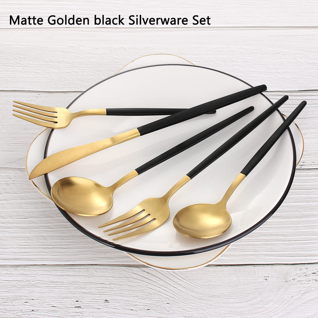 Matte Black Gold Silverware Set, 20-Piece Stainless Steel Flatware Set, Satin Finish tableware Cutlery Set, Service