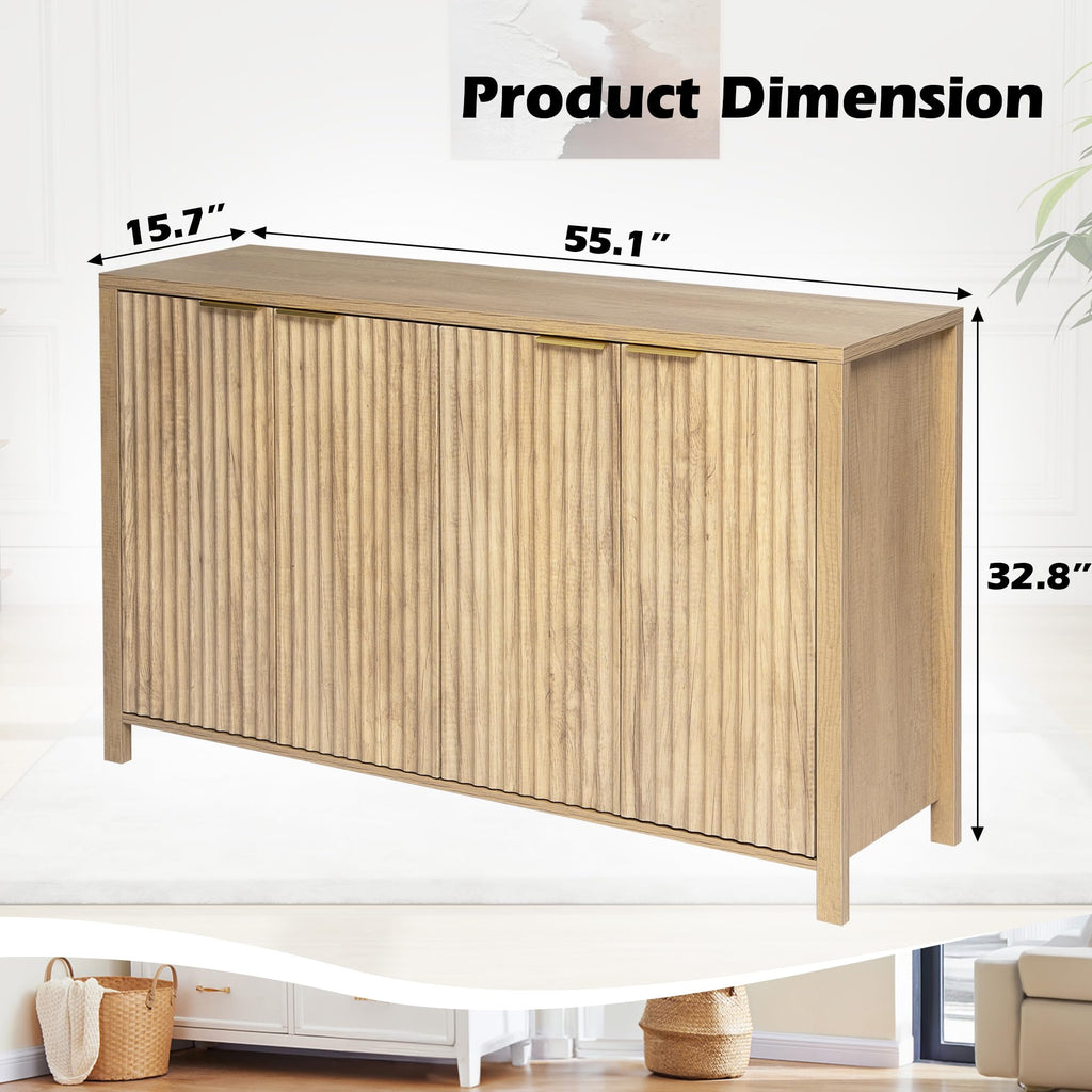 55" Fluted Sideboard Buffet Cabinet with Storage, Kitchen Credenza Cabinets