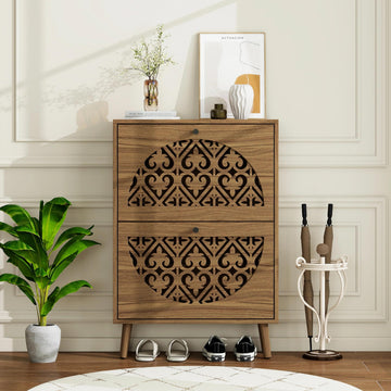 6.7" Walnut Ultra-Slim Shoe Cabinet with 2 Flip Drawers, Heart-Shaped Hollow-Carved Entryway Shoe Storage Organizer