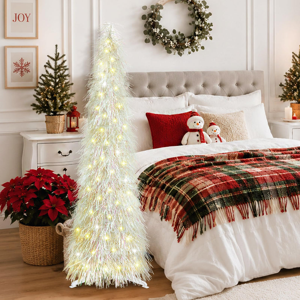 5 FT Shaggy Pop Up Christmas Tree with 50 Timer Lights, White Collapsible Artificial Tinsel Christmas Pencil Tree